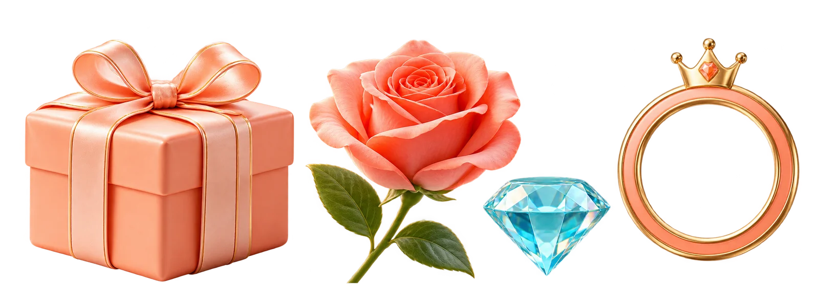 Cadeaux virtuels : rose, cadeau et diamant.
